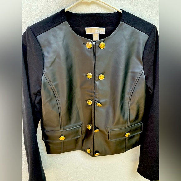 Michael Kors Black and Gold Leather Jacket with Ribbed Collar (NEW!) Never Used - Picture 1 of 1